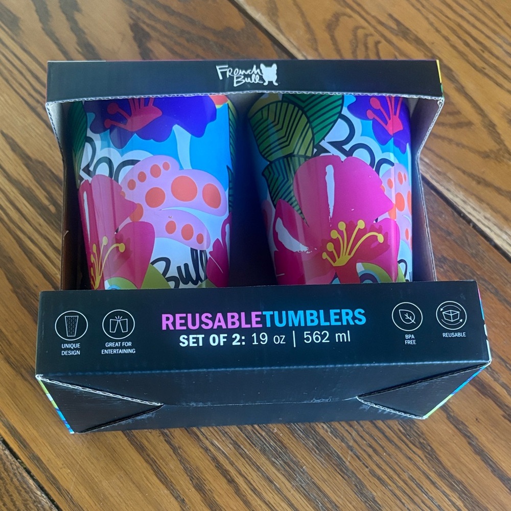 The Brand French Bull Floral Reusable Tumblers Set of 2 BRAND NEW!!
